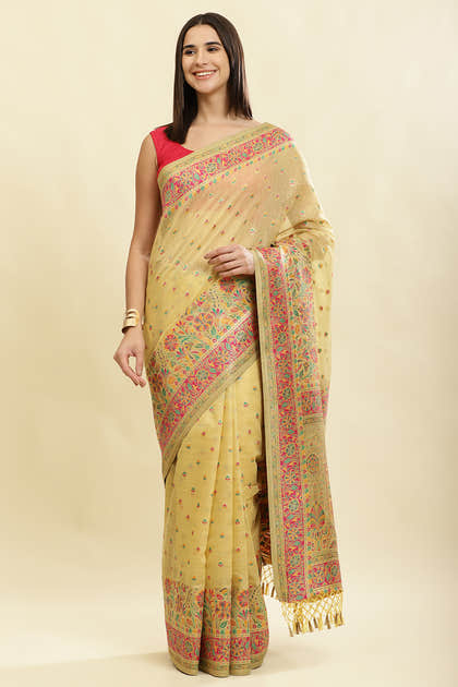 Light Mustard Chanderi Cotton kashida Weaves Saree