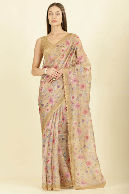 Light Mustard Organza Floral Printed And Lace Work Saree