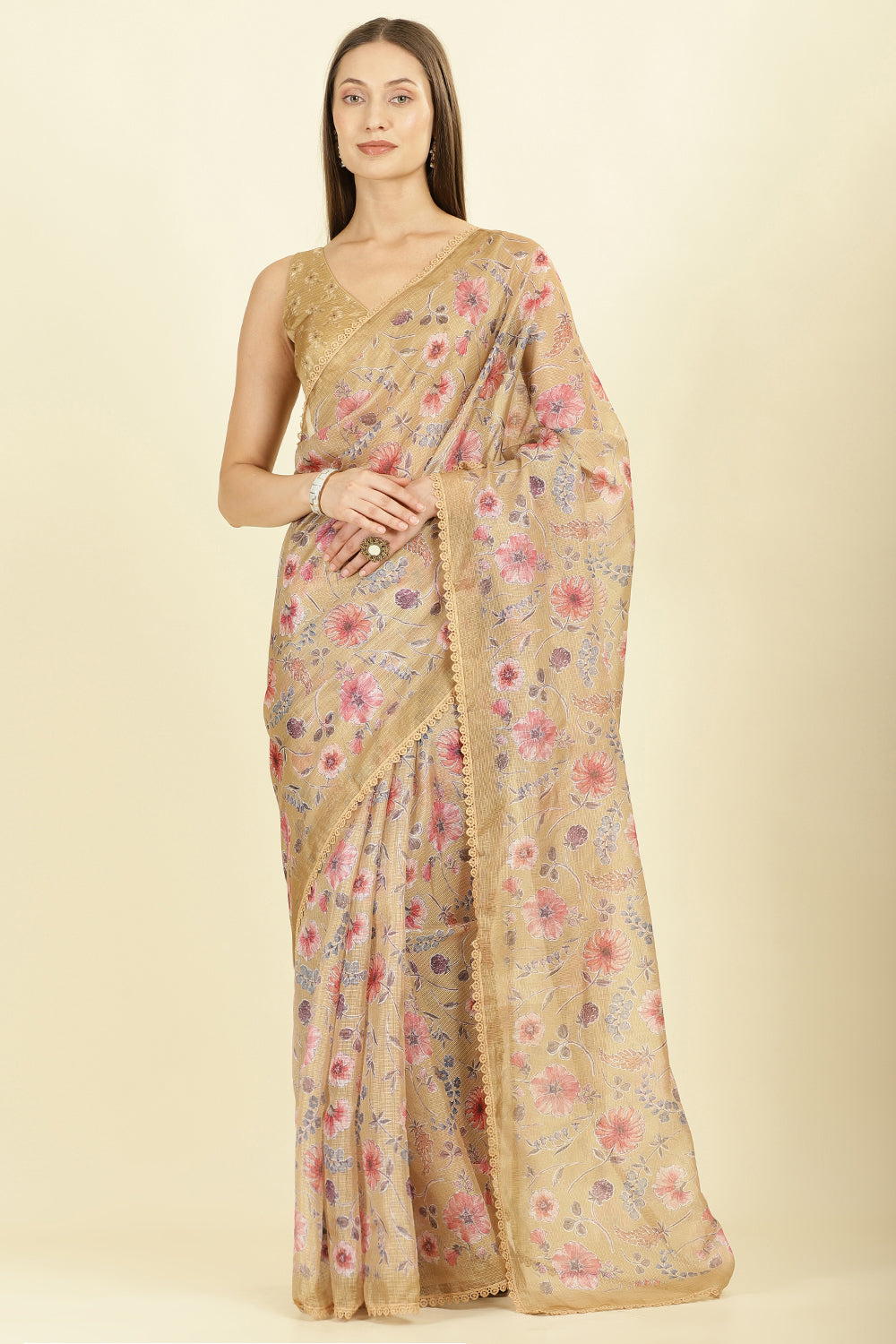 Light Mustard Organza Floral Printed And Lace Work Saree