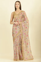 Light Mustard Organza Floral Printed And Lace Work Saree