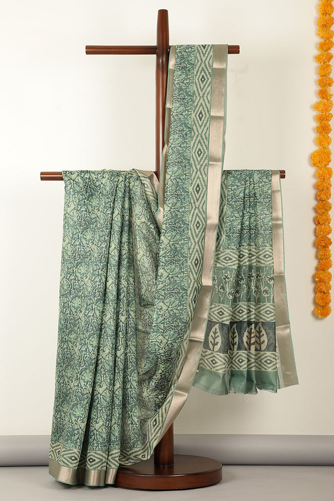 Green Abstract Printed Chanderi Cotton Saree