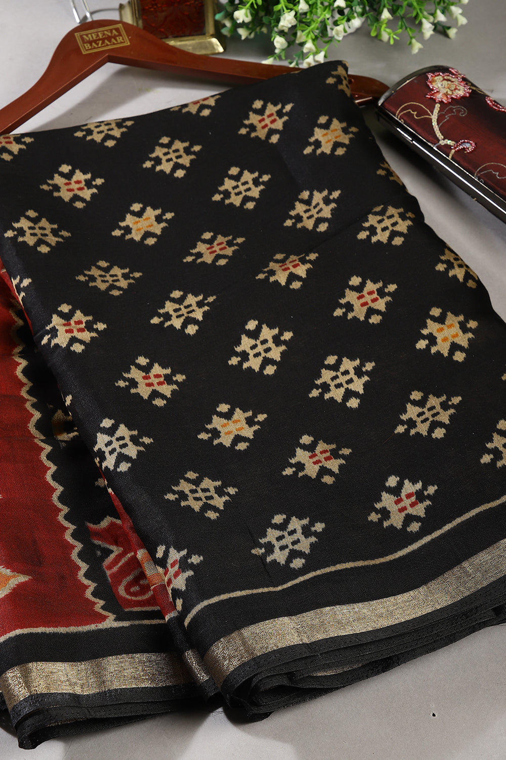 Black Color Printed Chanderi Cotton Saree with Zari Border