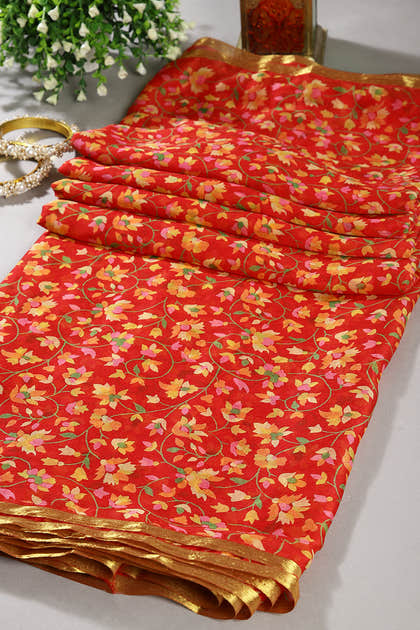 Red Color Chiffon Floral Zari Border Printed Saree