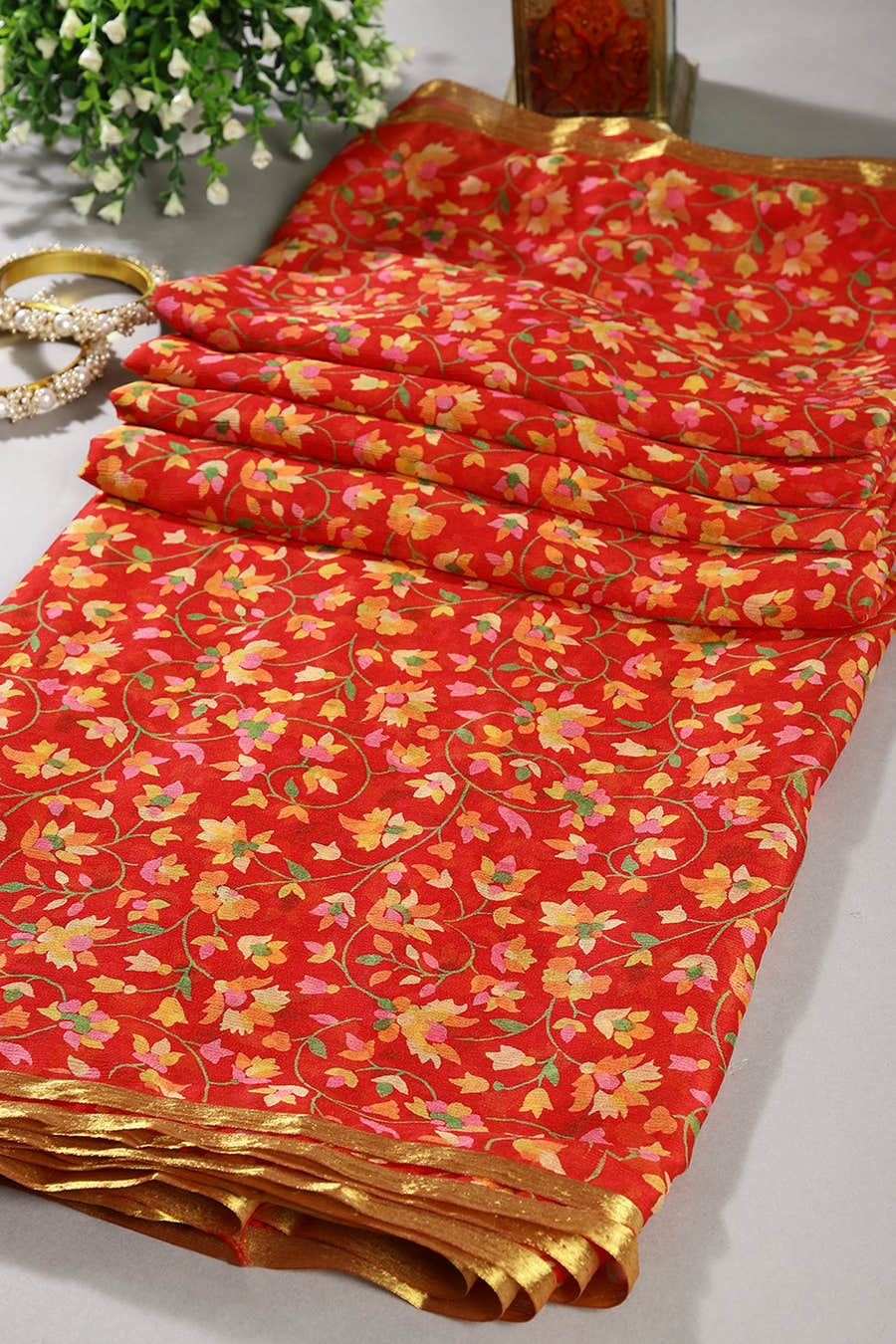 Red Color Chiffon Floral Zari Border Printed Saree