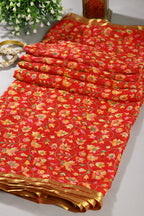 Red Color Chiffon Floral Zari Border Printed Saree