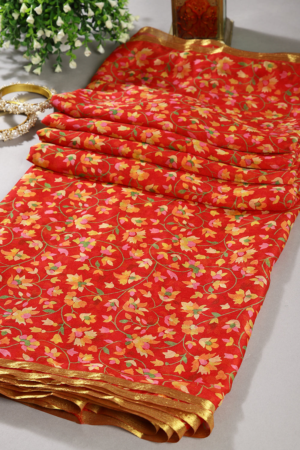 Red Color Chiffon Floral Zari Border Printed Saree
