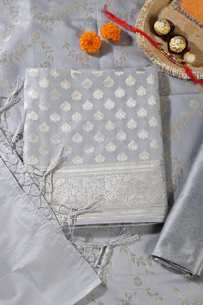 Grey Silk Zari Woven Unstitched Suit Fabric