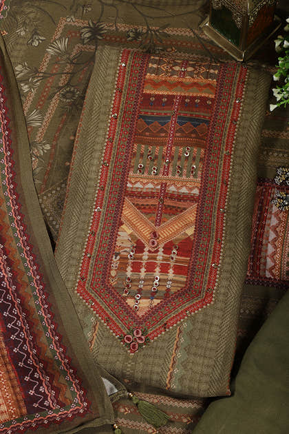 Olive Green Printed Spun Unstitched Suit Material