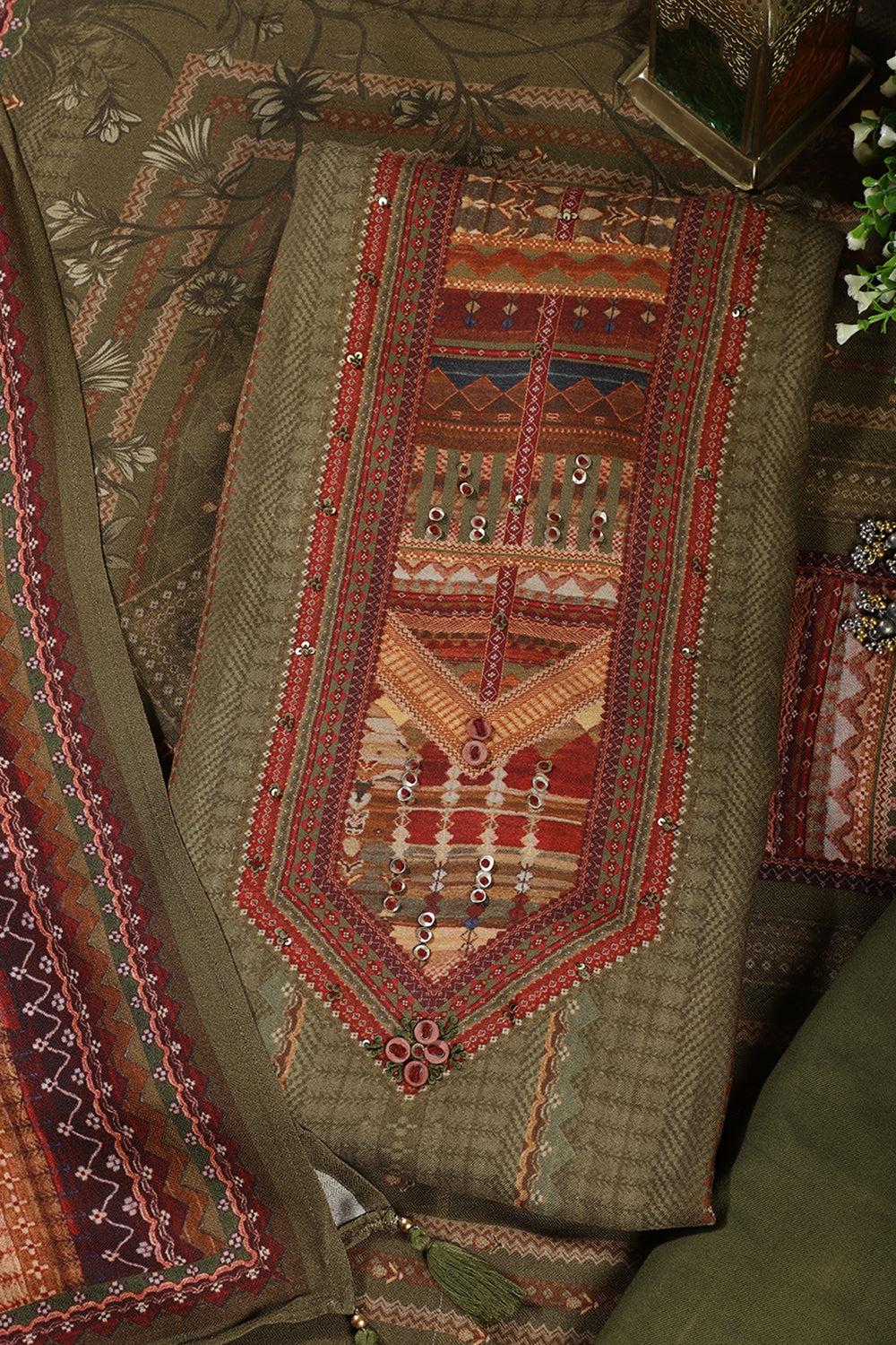 Olive Green Printed Spun Unstitched Suit Material
