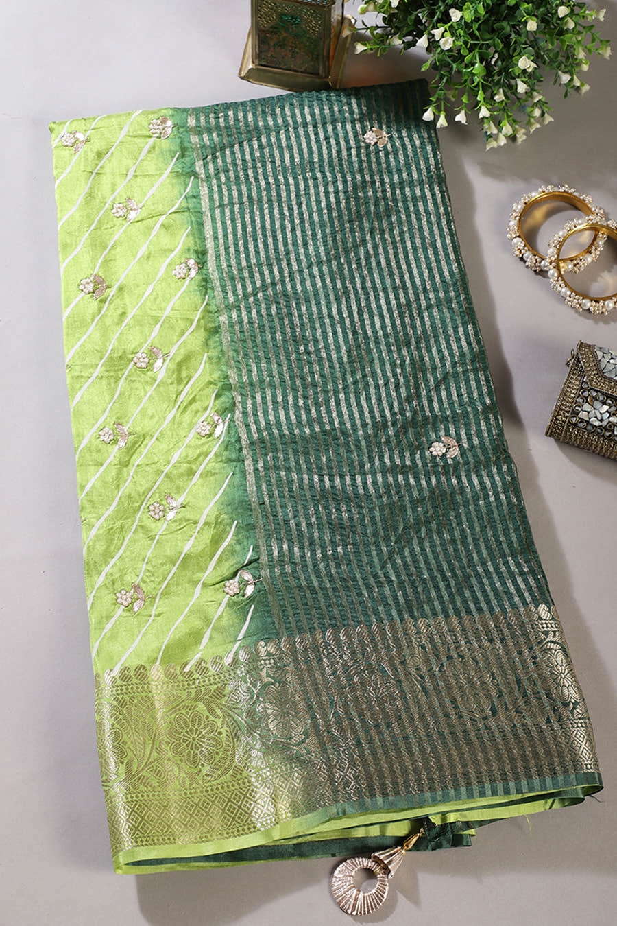 Green Jaipuri Silk Leheriya Printed And Embroidered Saree