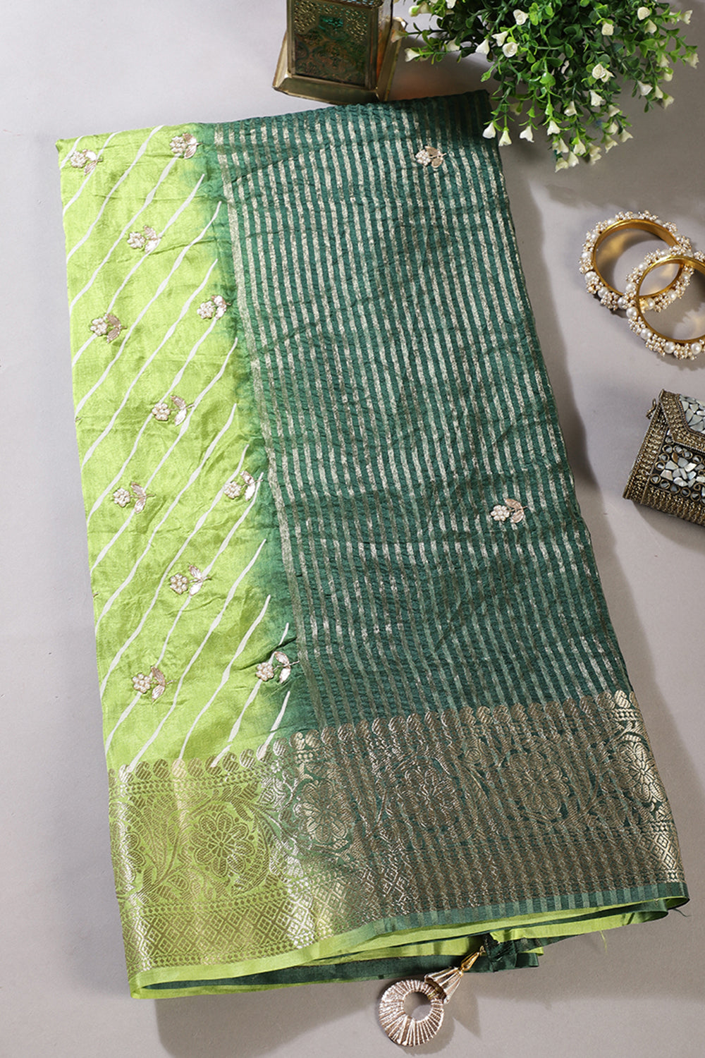 Green Jaipuri Silk Leheriya Printed And Embroidered Saree