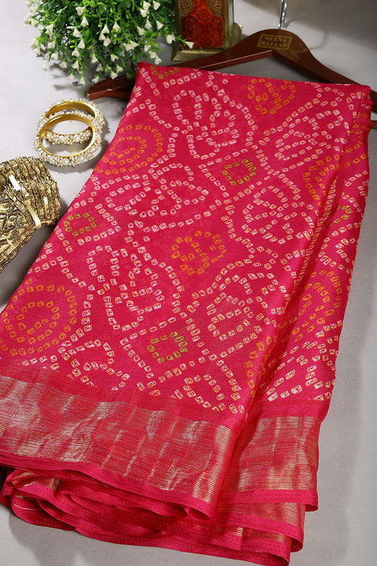 Magenta Pink Color Chiffon Bandhani Printed Saree