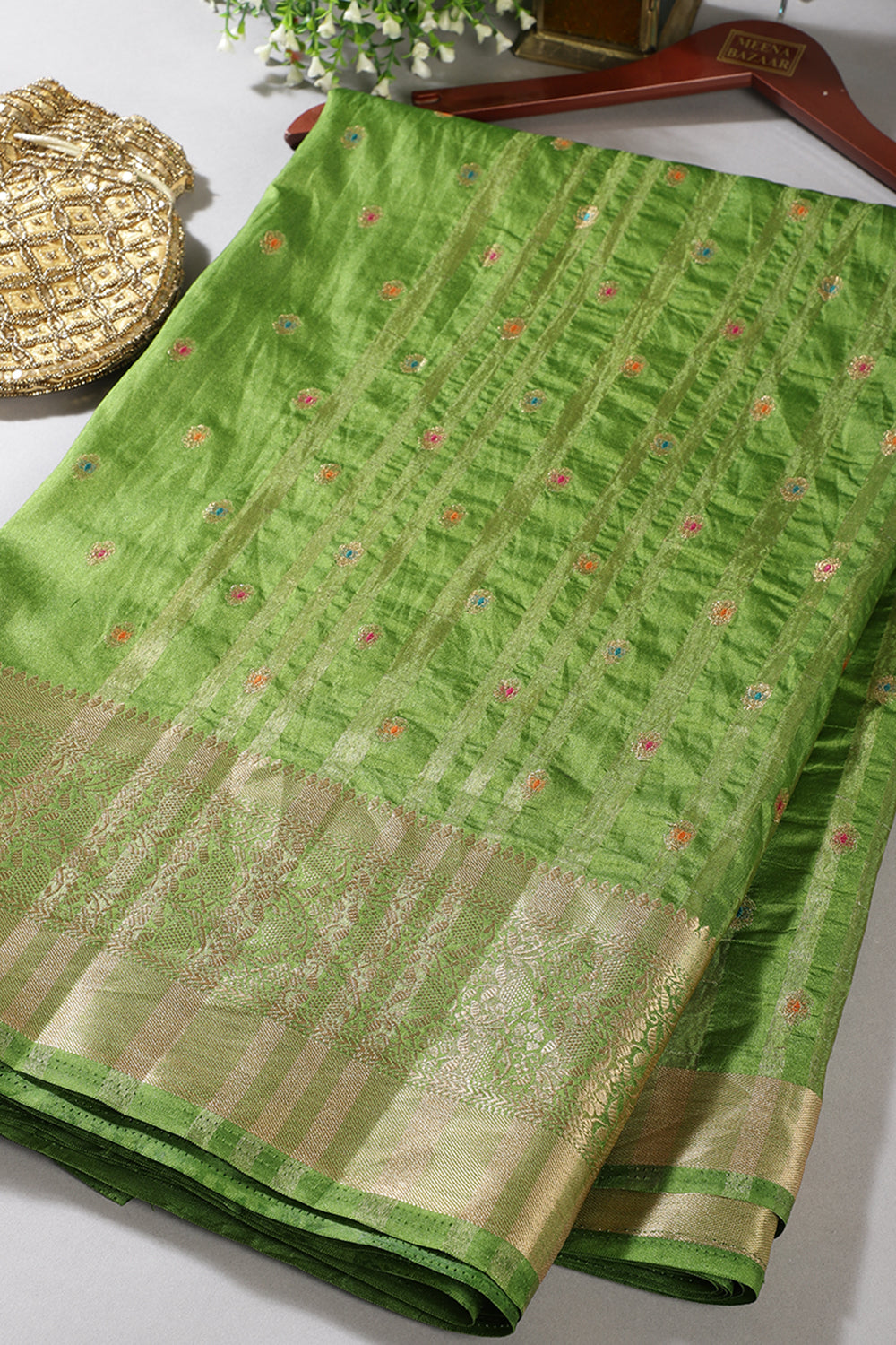 Green Color Cotton Zari & Resham Woven Saree
