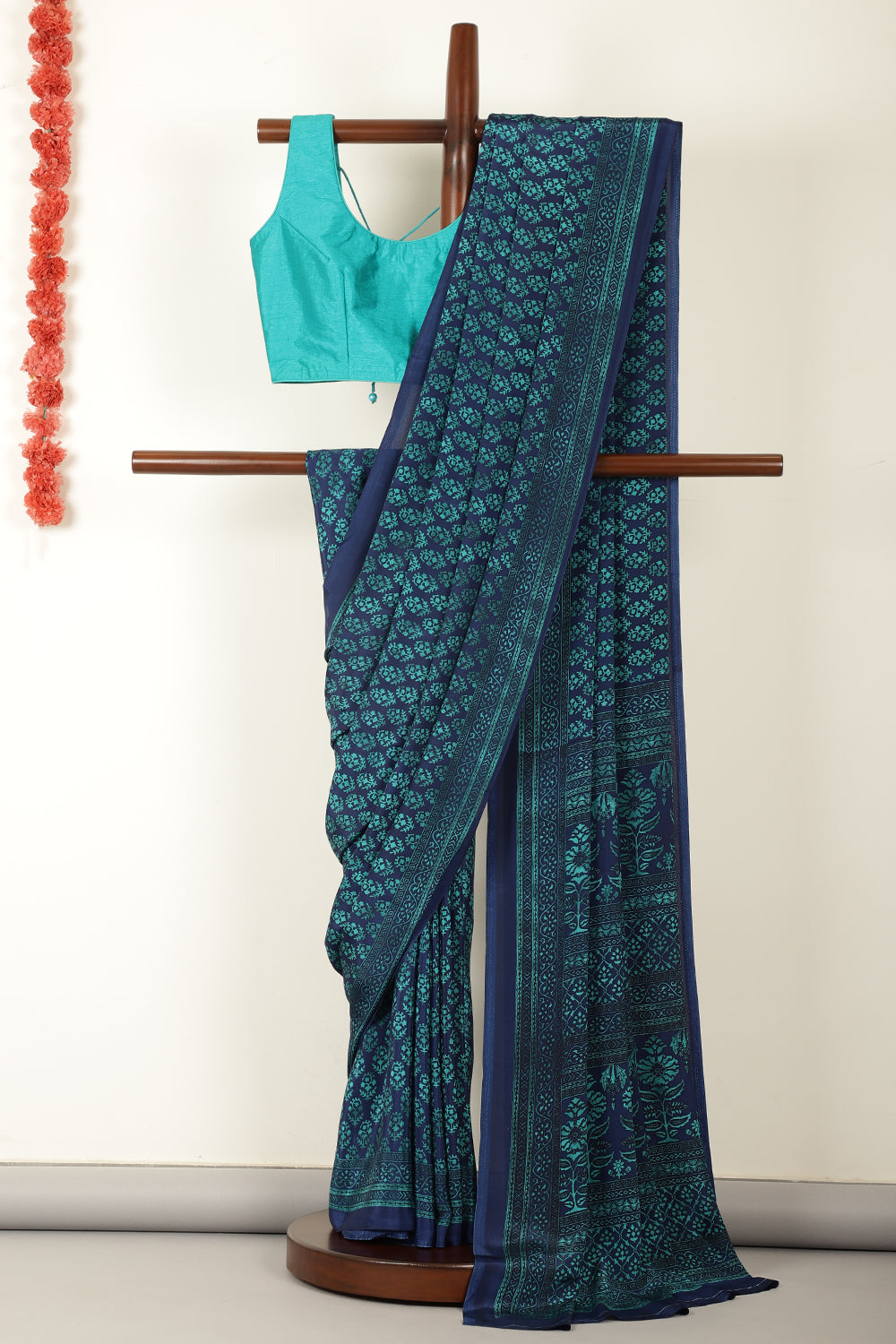 Navy & Teal Floral Printed Crepe Saree