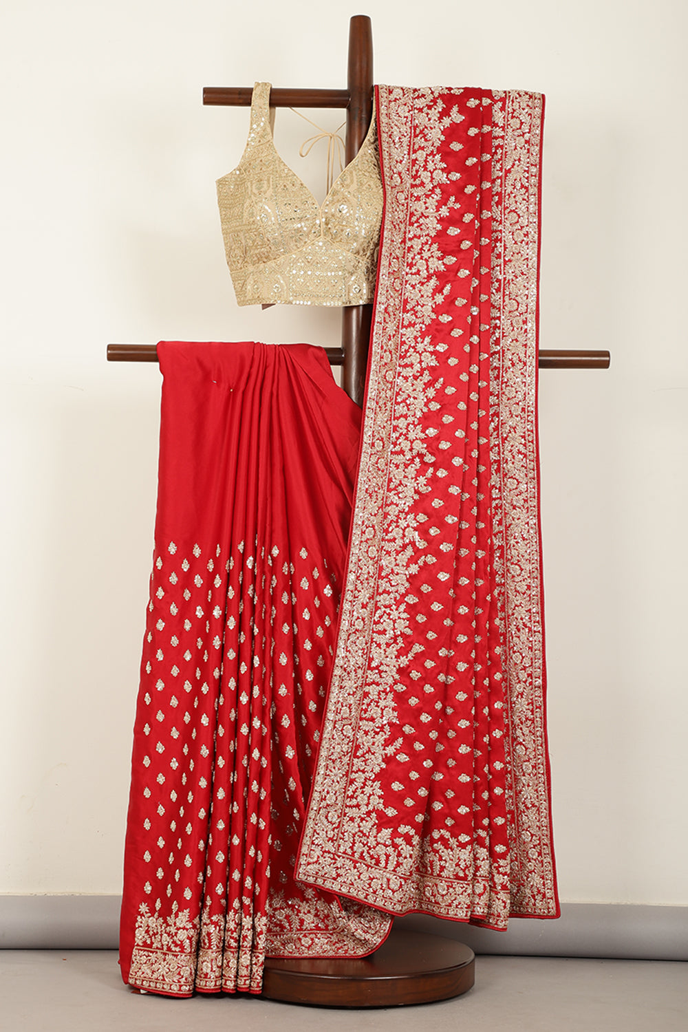 Red Color Pure Satin Crepe Saree with Full Zardozi Handwork