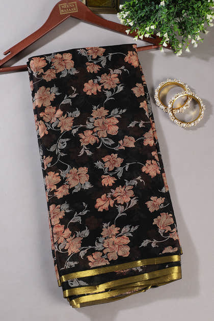 Black Zari Border & Floral Printed Chiffon Saree