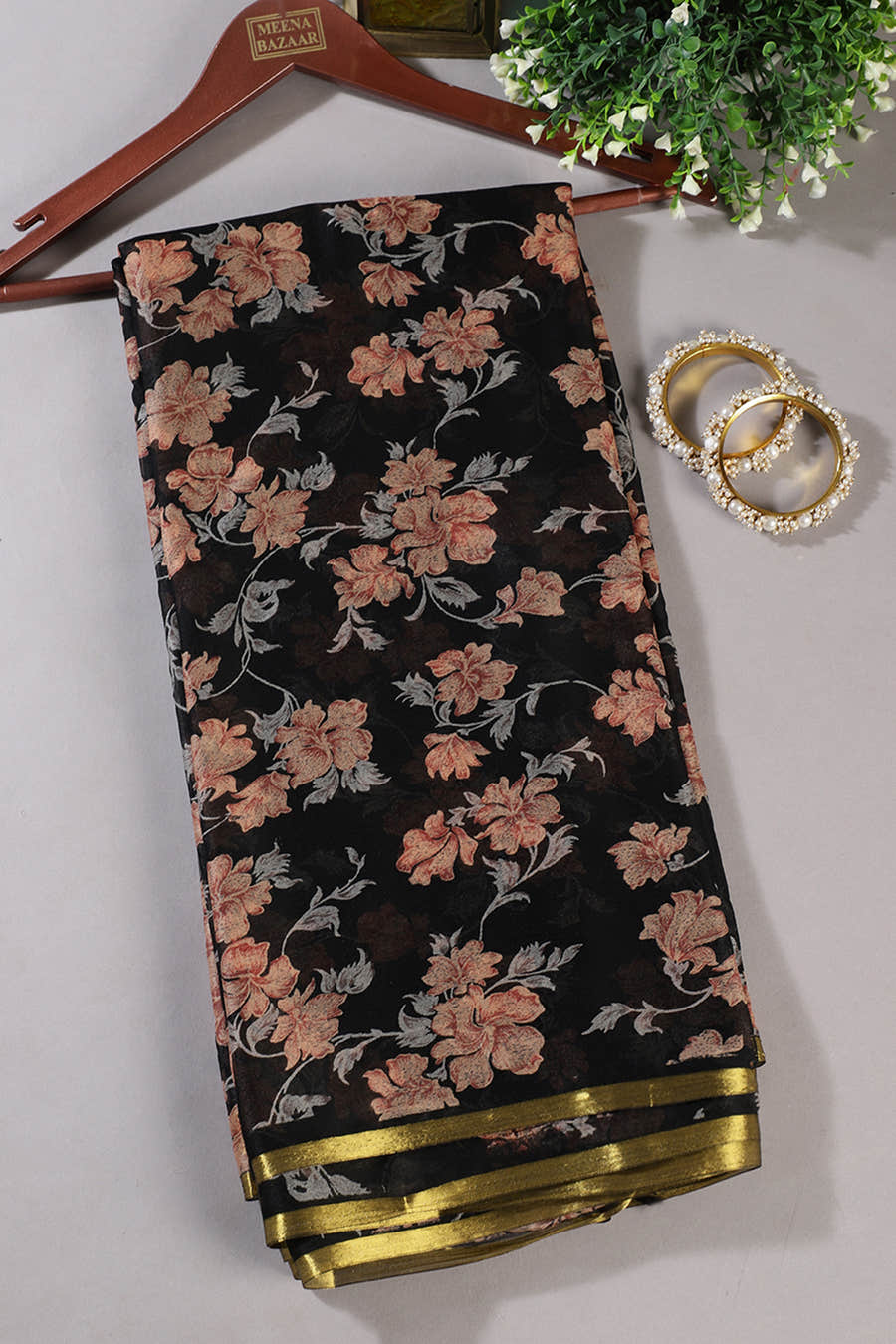 Black Zari Border & Floral Printed Chiffon Saree