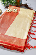 Cream & Red Floral Zari Woven Sarees