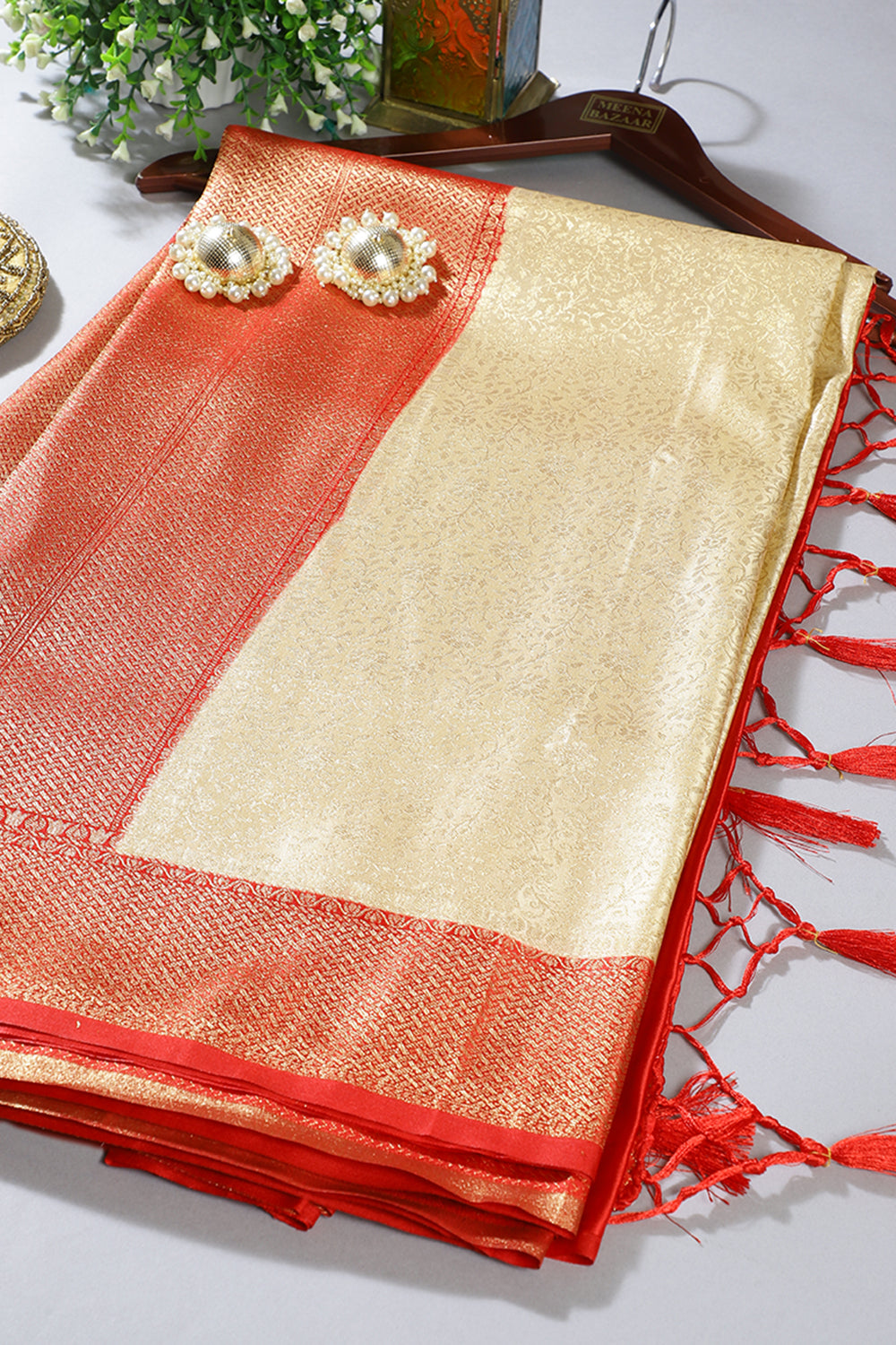 Cream & Red Floral Zari Woven Sarees