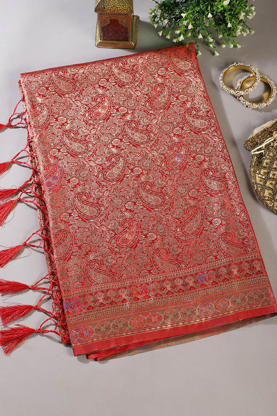 Red Baluchari Silk Meenakari Woven Saree