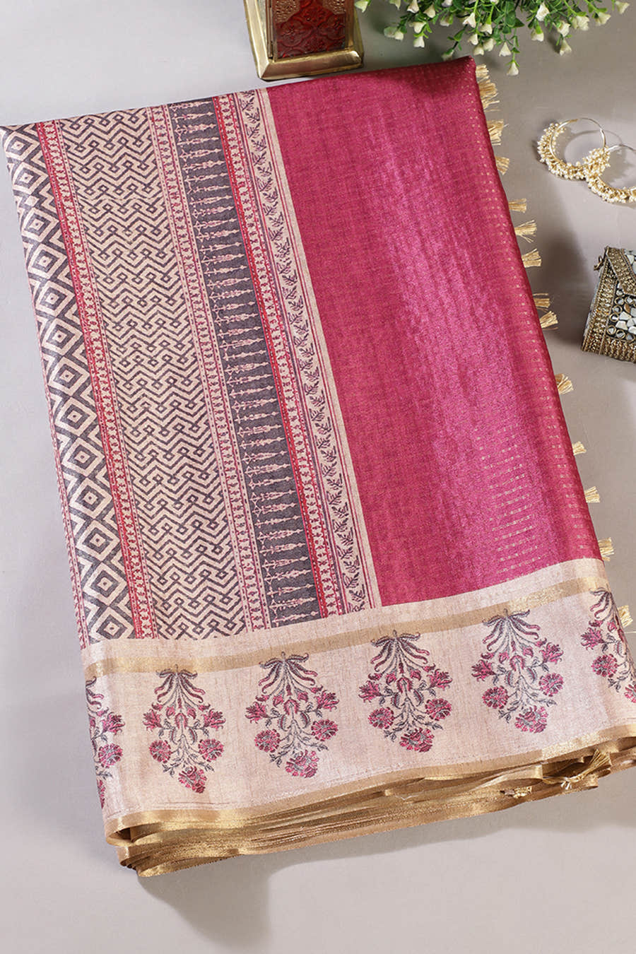 Dark Pink Tussar Silk Zari Woven & Printed Saree