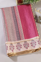 Dark Pink Tussar Silk Zari Woven & Printed Saree