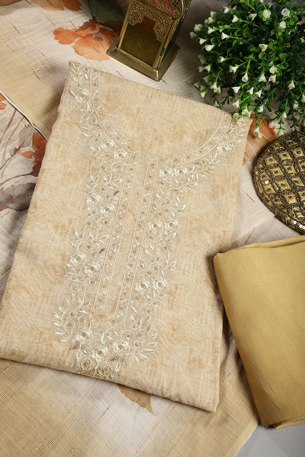 Mustard Color Linen Cotton Embroidery Unstitched Suit Material