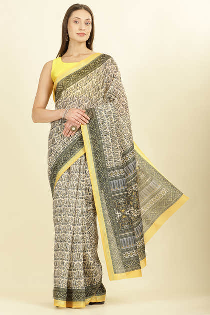 Olive Green Ajrakh Block Printed Cotton Saree
