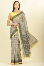 Olive Green Ajrakh Block Printed Cotton Saree