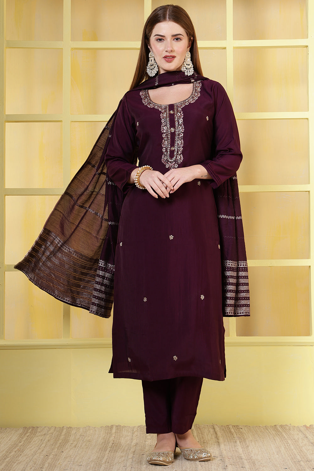 Dark Scarlet Silk Cut-Dana And Pearl Embroidered Suits