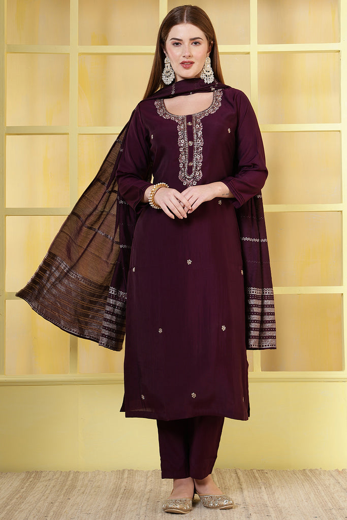 Dark Scarlet Silk Cut-Dana And Pearl Embroidered Suits