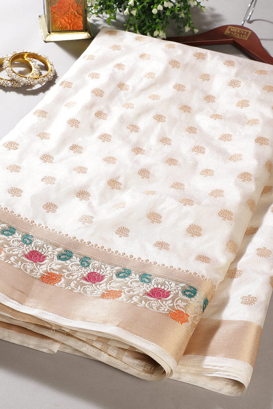 Cream Color Silk Resham & Zari Woven Saree