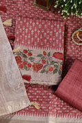 Light Maroon Tussar Cotton Printed And Floral Embroidered Unstiched Suit Material