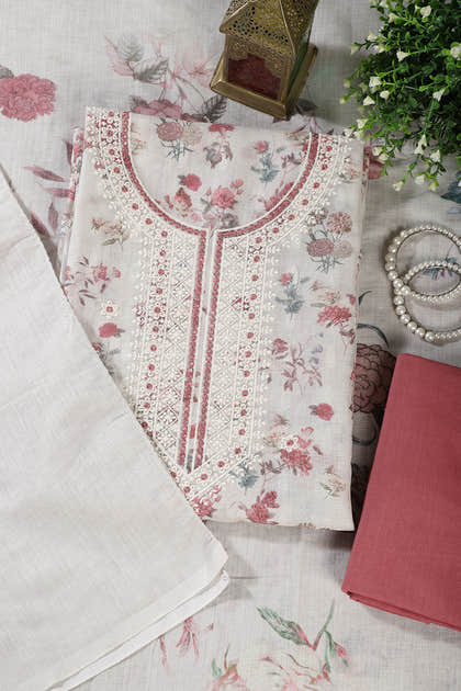 Cream & Light Maroon Chanderi Cotton Floral Printed And Embroidered Unstitched Suit
