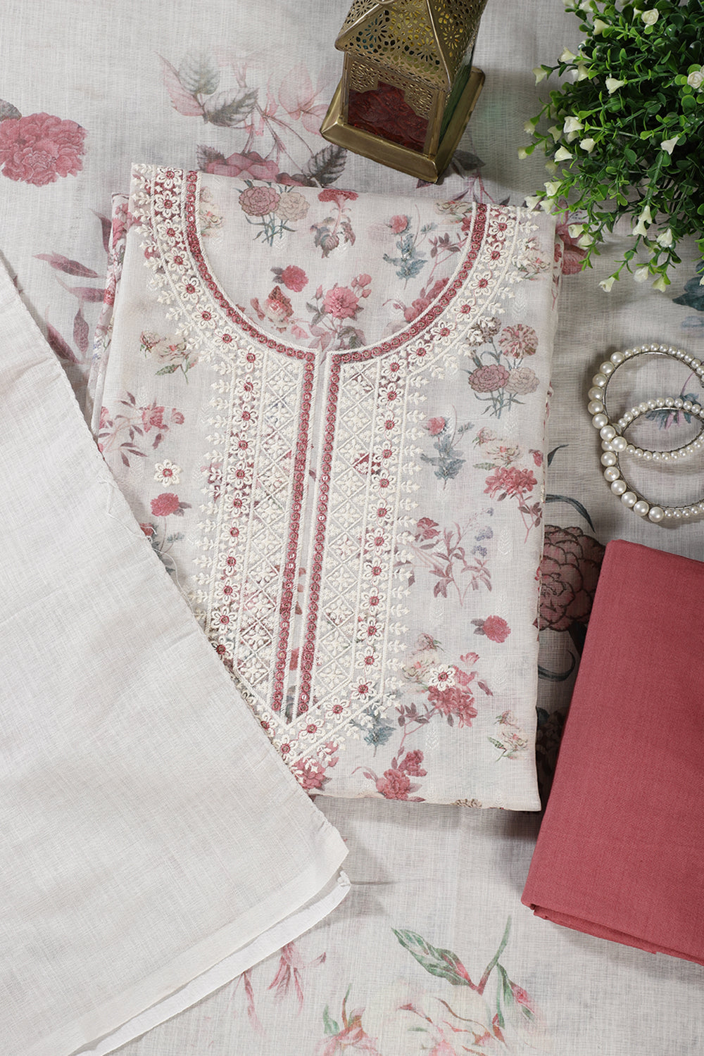 Cream & Light Maroon Chanderi Cotton Floral Printed And Embroidered Unstitched Suit
