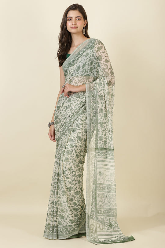 White & Green Georgette Floral Printed Saree