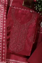 Deep Carmine Chanderi Silk Printed And Embroidered Unstitched Suit Material