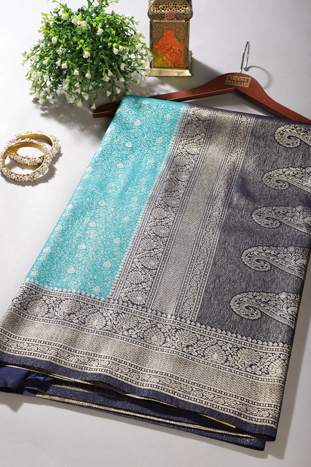 Turquoise & Navy Dual Toned Soft Silk Zari Woven Saree