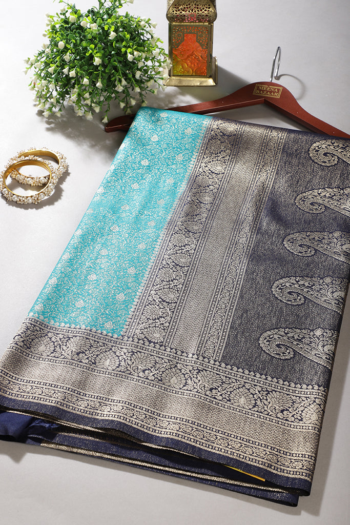 Turquoise & Navy Dual Toned Soft Silk Zari Woven Saree