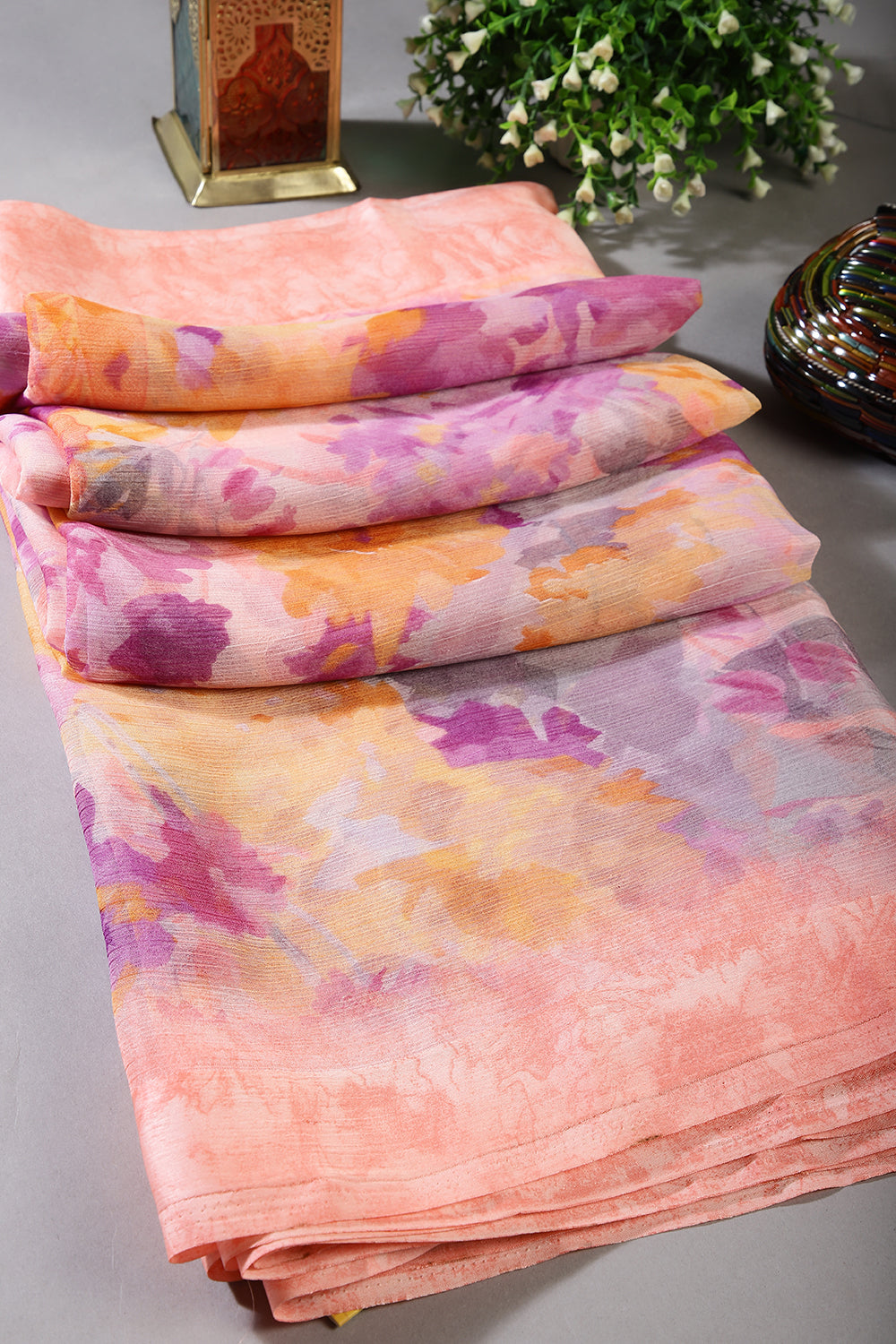 Pink Color Floral Printed Chiffon Saree