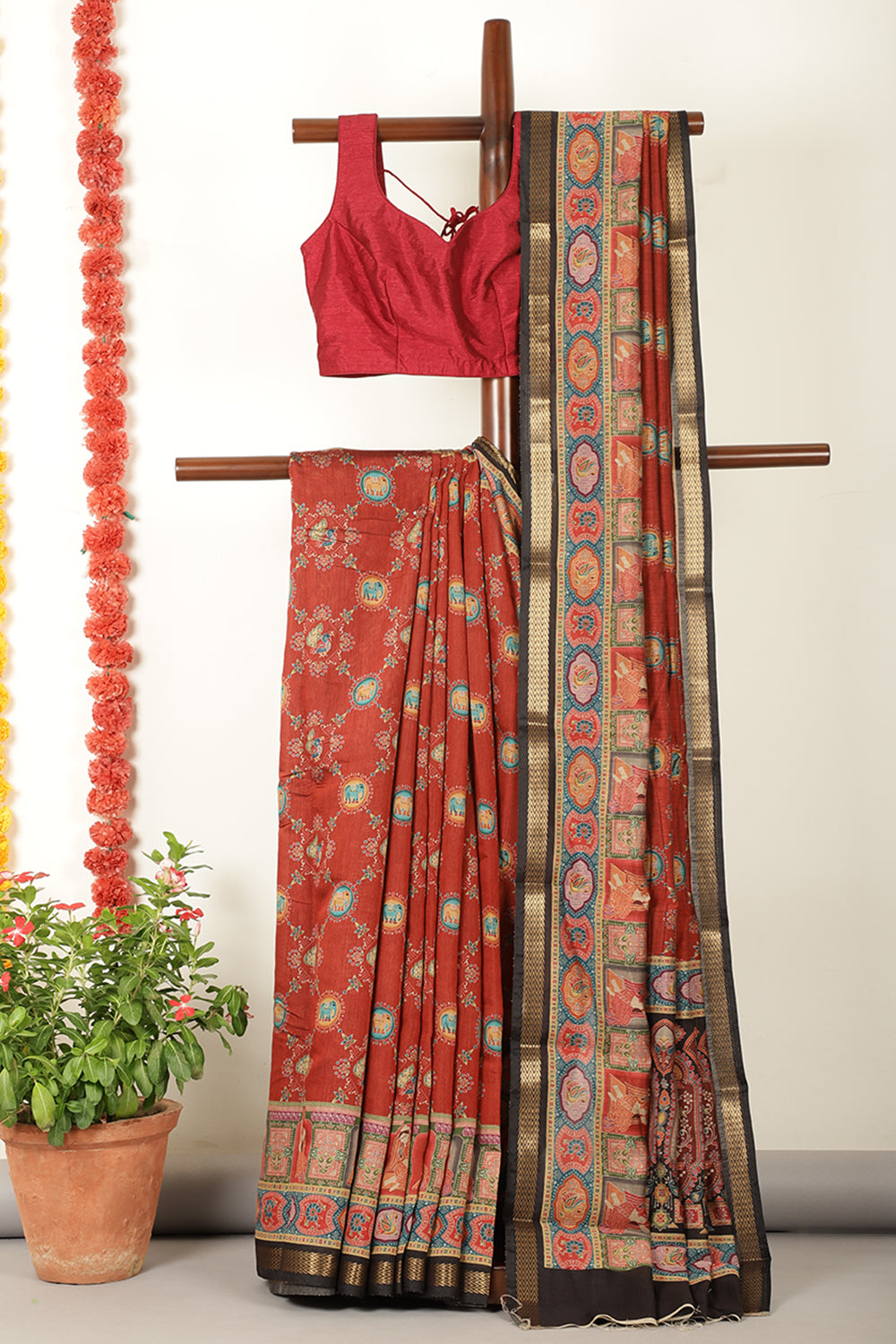 Maroon Cotton Kalamkari Printed Saree