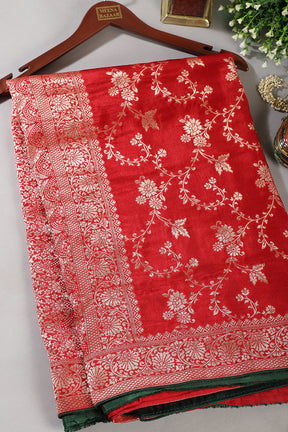 Red Banarasi Silk Zari Floral Zaal Woven Saree