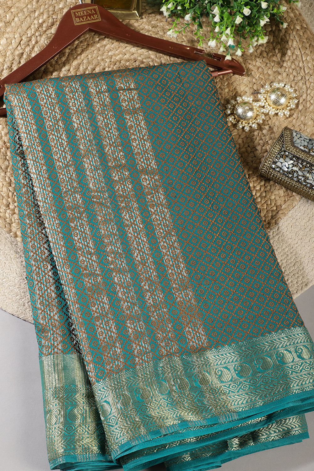 Teal Color Zari & Resham Weaving Silk Saree