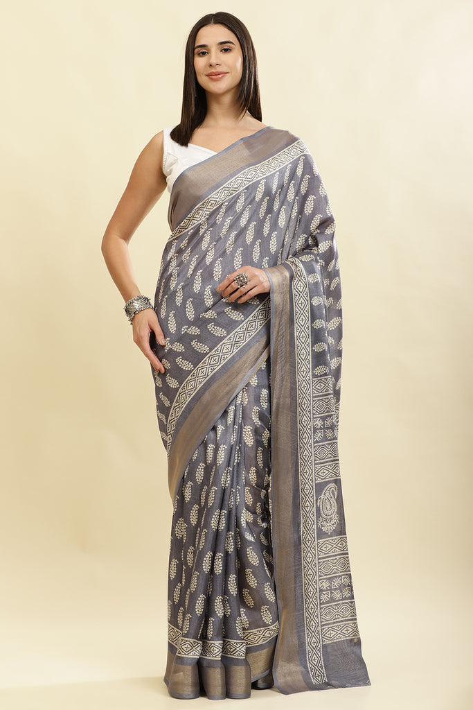 Grey Color Cotton Silk Boota Printed And Zari Woven Saree