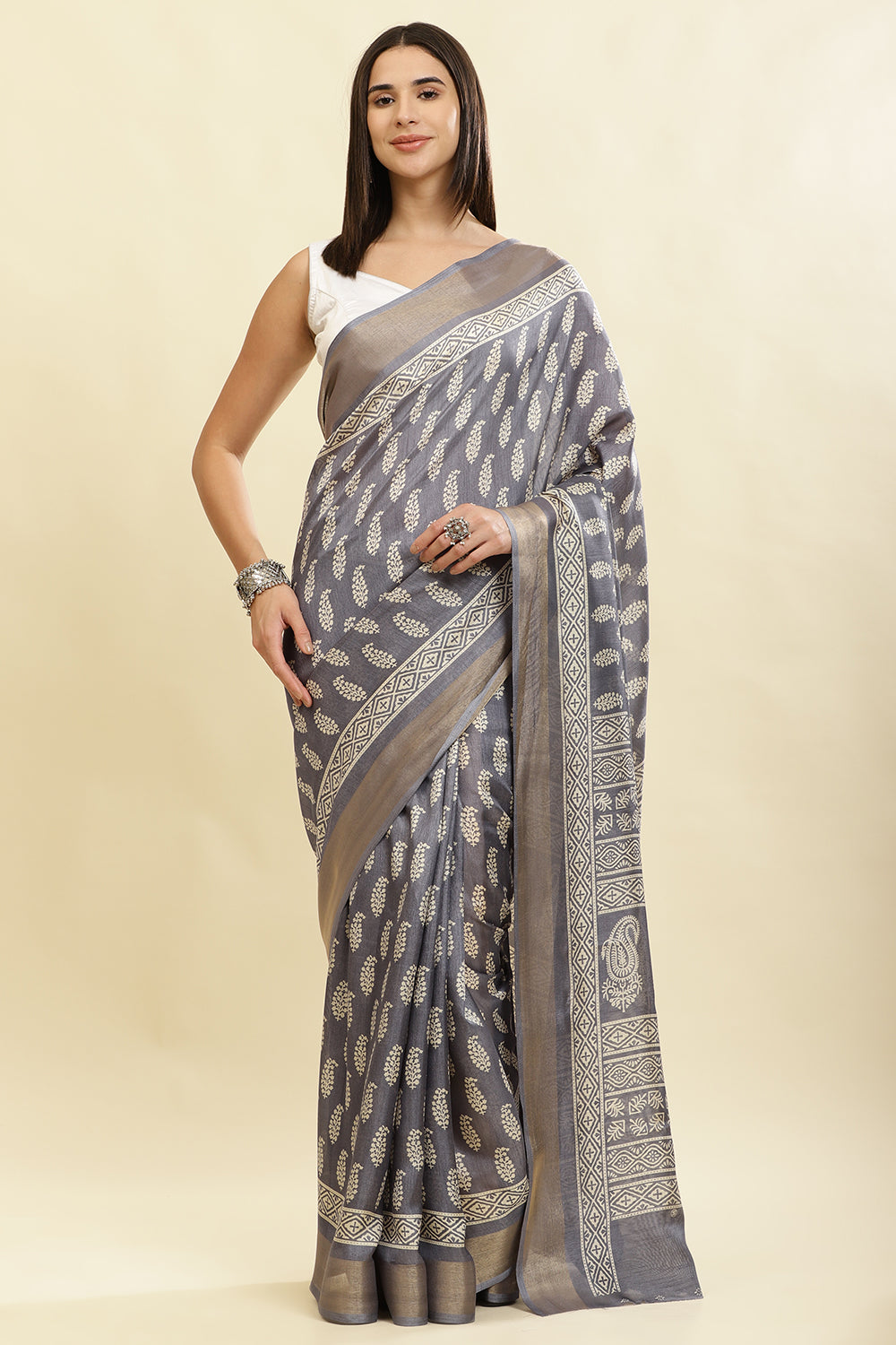 Grey Color Cotton Silk Boota Printed And Zari Woven Saree