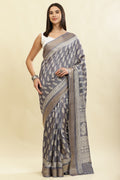 Grey Color Cotton Silk Boota Printed And Zari Woven Saree