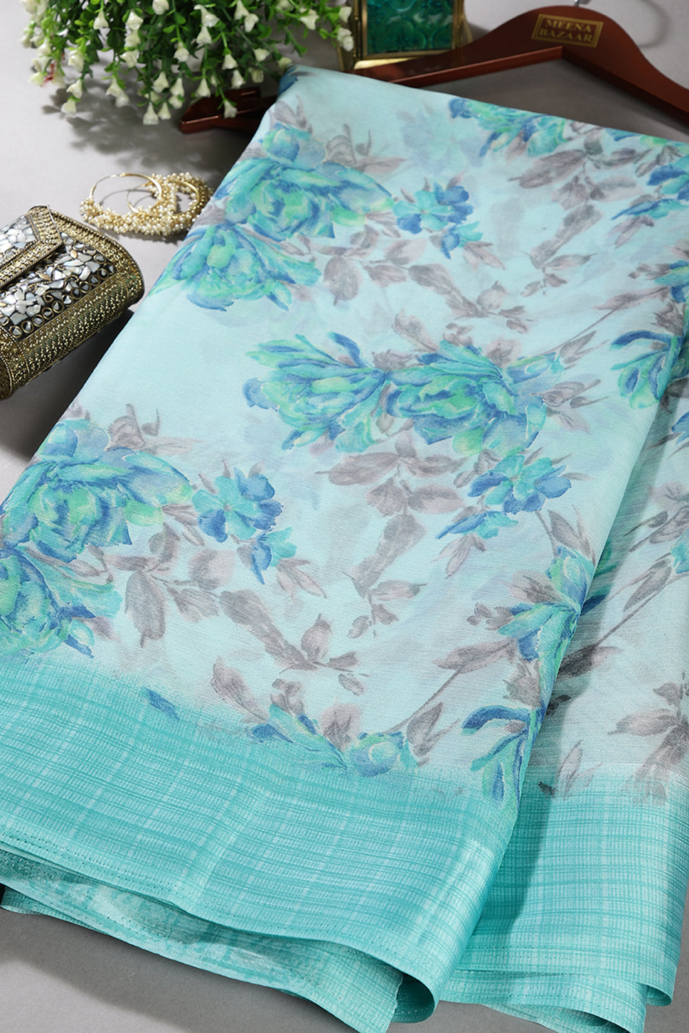 Light Blue Color Floral Printed Chiffon Saree