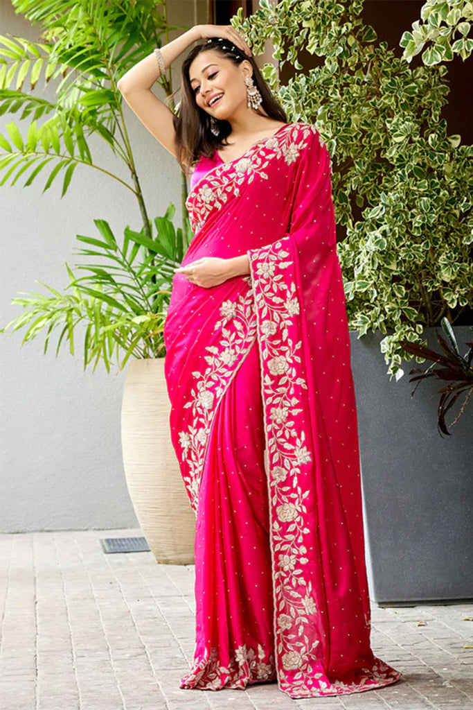 Fuchsia Pink Color Satin Silk Embroidered Saree