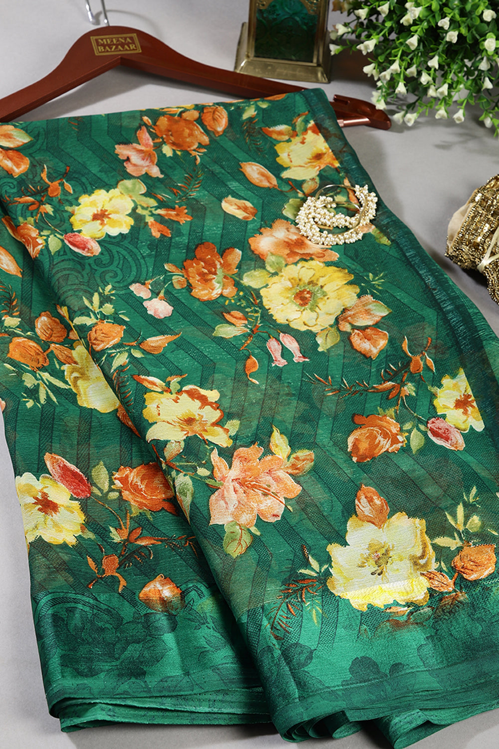 Bottle Green Color Floral Printed Chiffon Saree