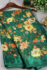 Bottle Green Color Floral Printed Chiffon Saree